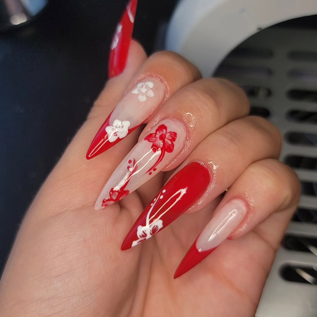 Fiery Red White Floral Stiletto Nails