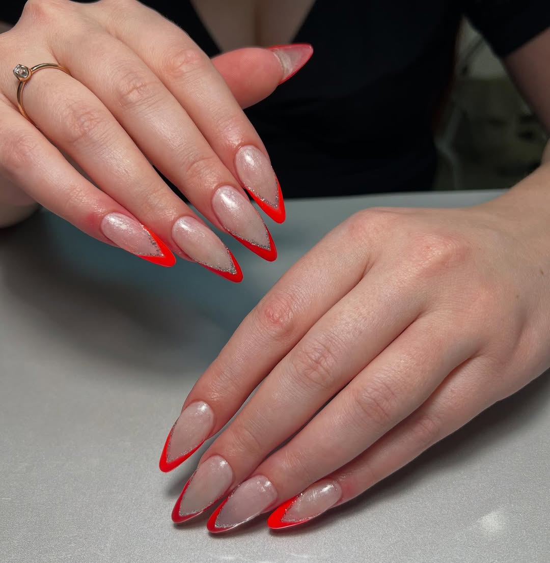 Fiery Stiletto Neon French with Glitter Outline