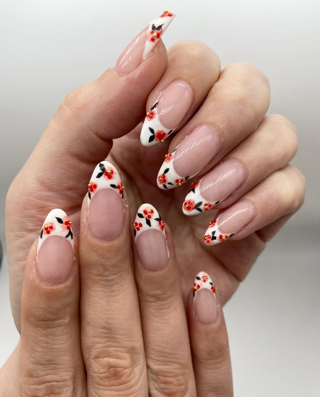 Floral French Tips with Gold Studs