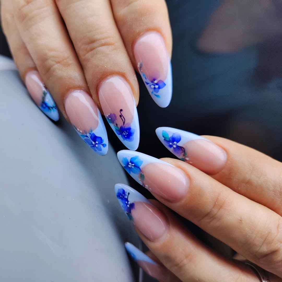 French Floral Fantasy Almond Tip Nails