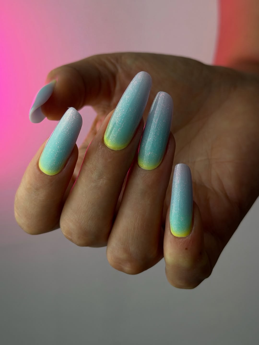 Frosted Blue Yellow Ombre Coffin Nails
