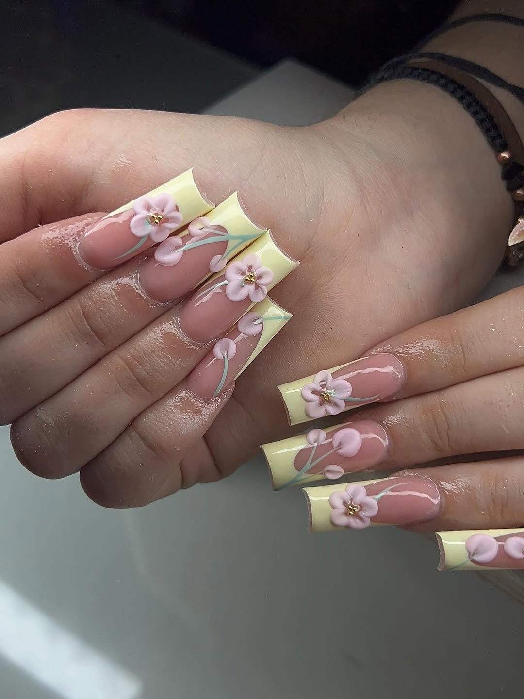 Frosted Petal Summer French Tip With 3D Flowers