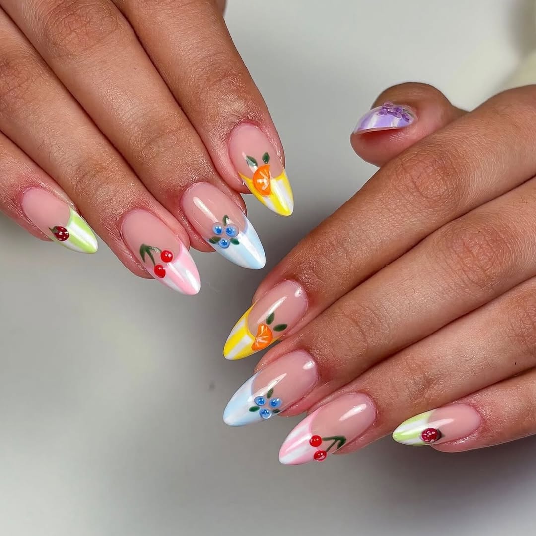 Fruity Pastel Ombré French Tip Almond Nails