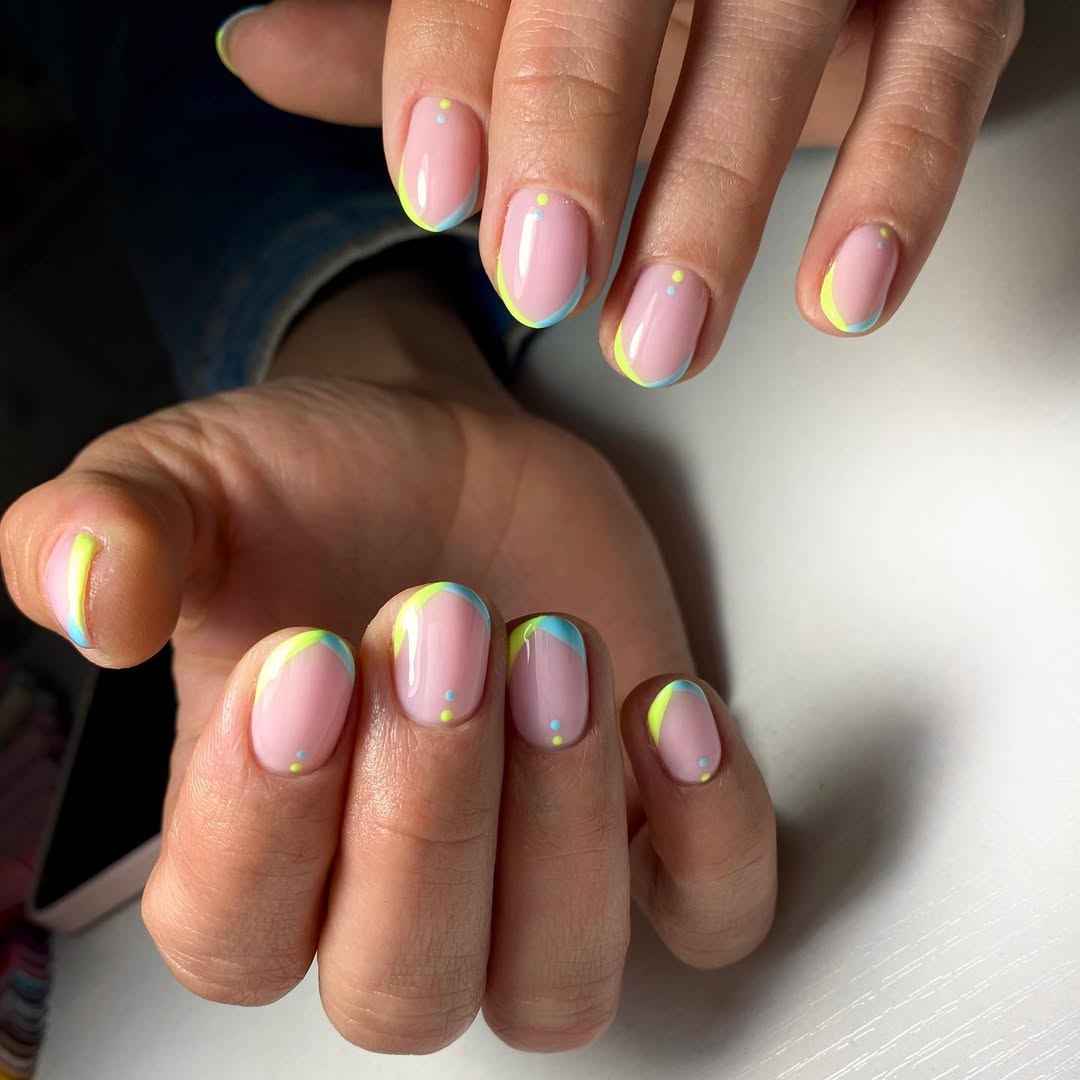 Fun Color Blocked French Tips With Dotted Accents