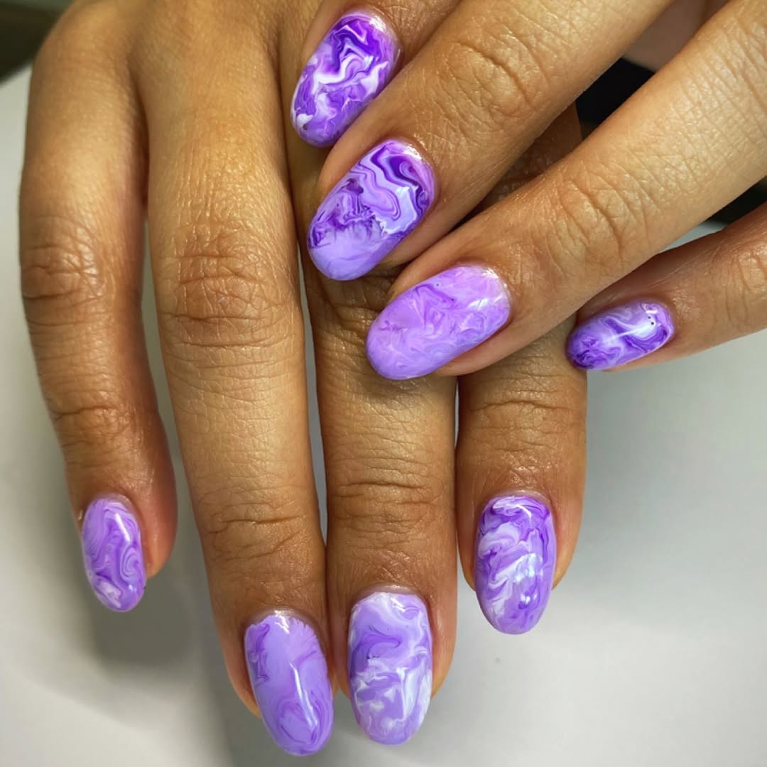 Fun Purple White Marbled Glossy Oval Nails