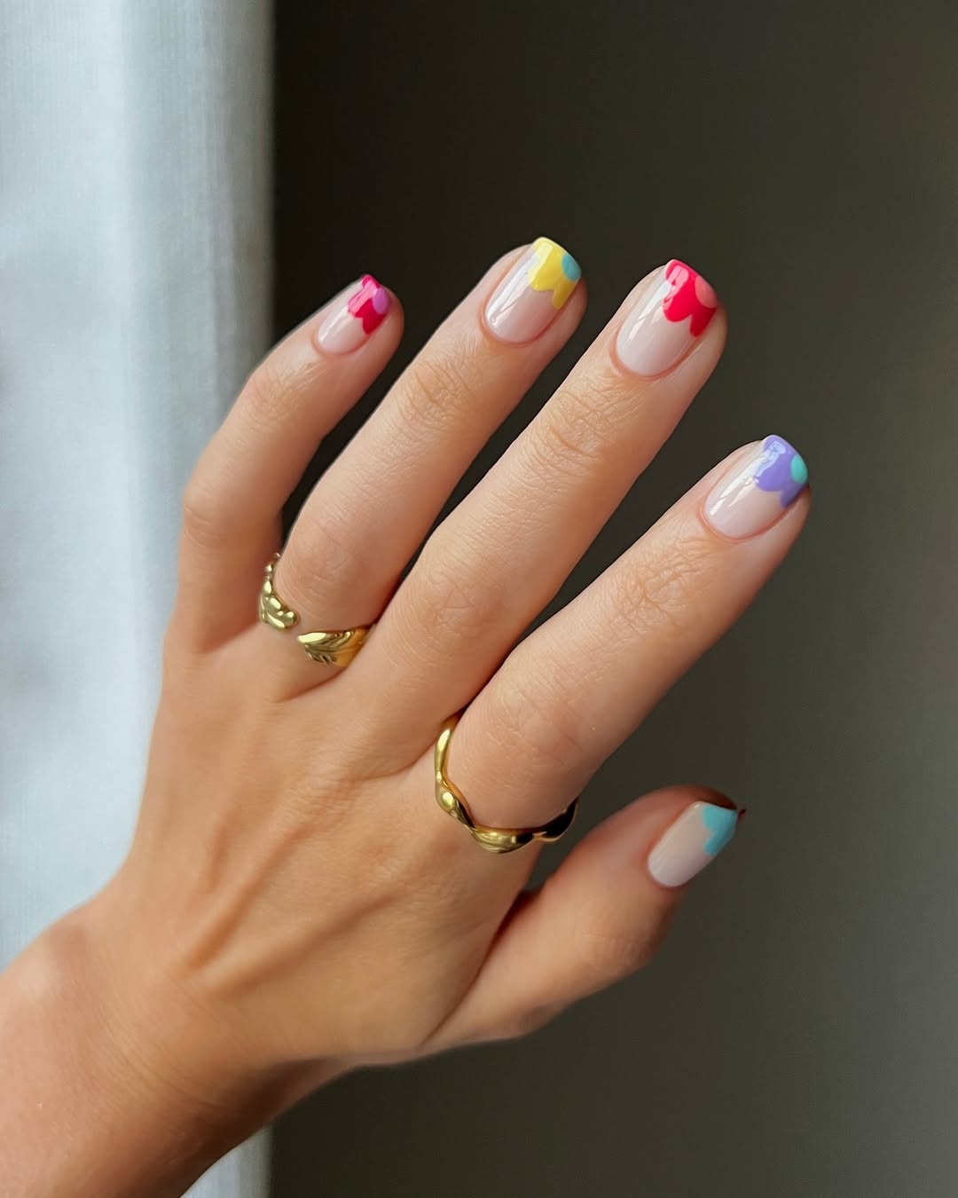 Fun Rainbow Wavy French Tip Short Square Nails