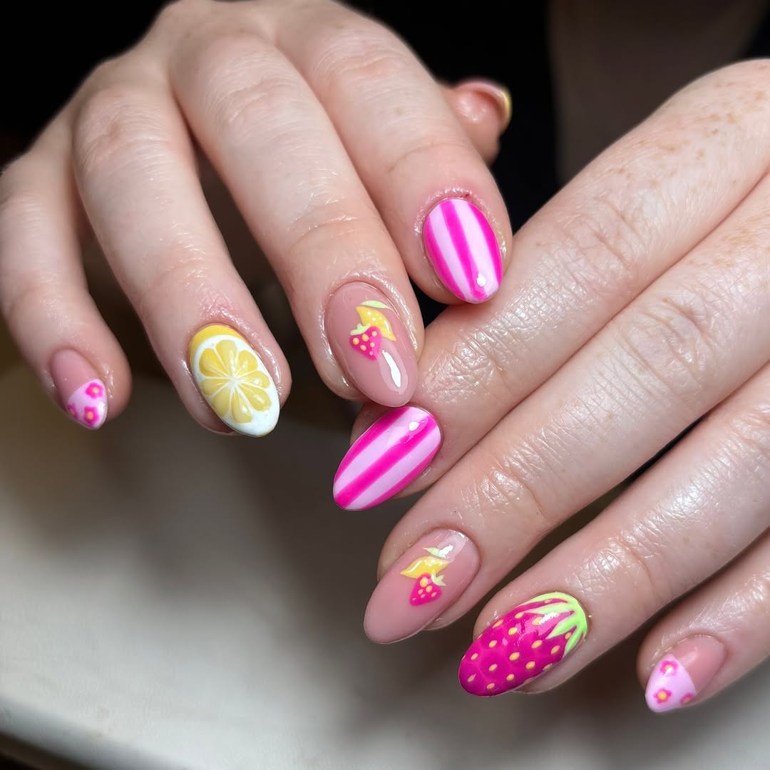 Fun Summer Fruit Mismatched Gel Mani