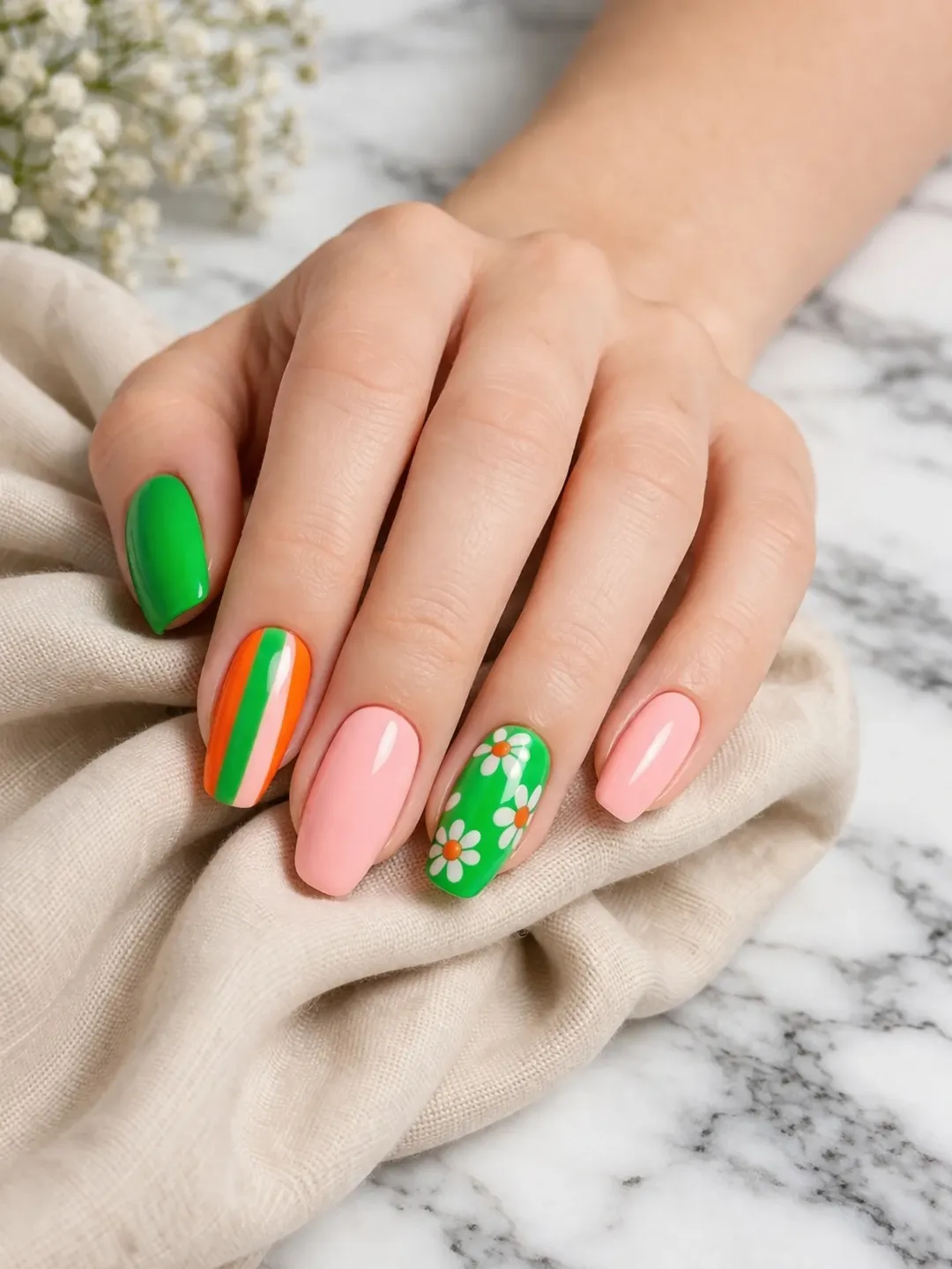Fun Summer Green Orange Pink Daisy Nails