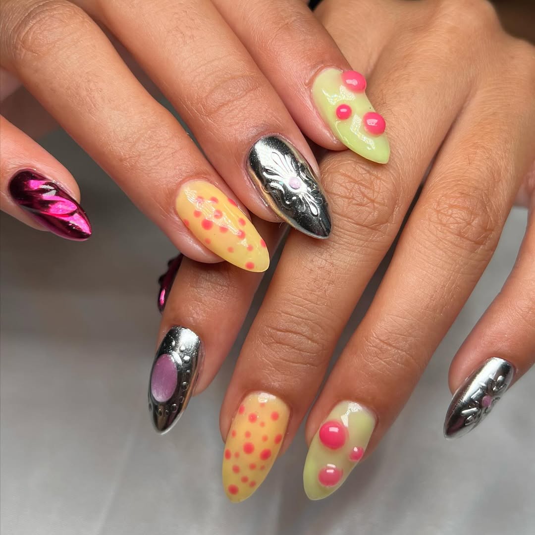 Funky Alien Acid Drop Chrome Stiletto Nails
