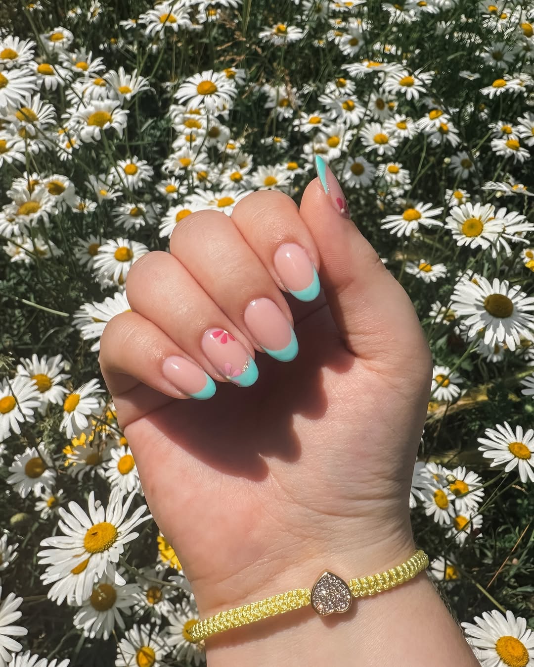 Funky Aqua French Tips With Flower Accents