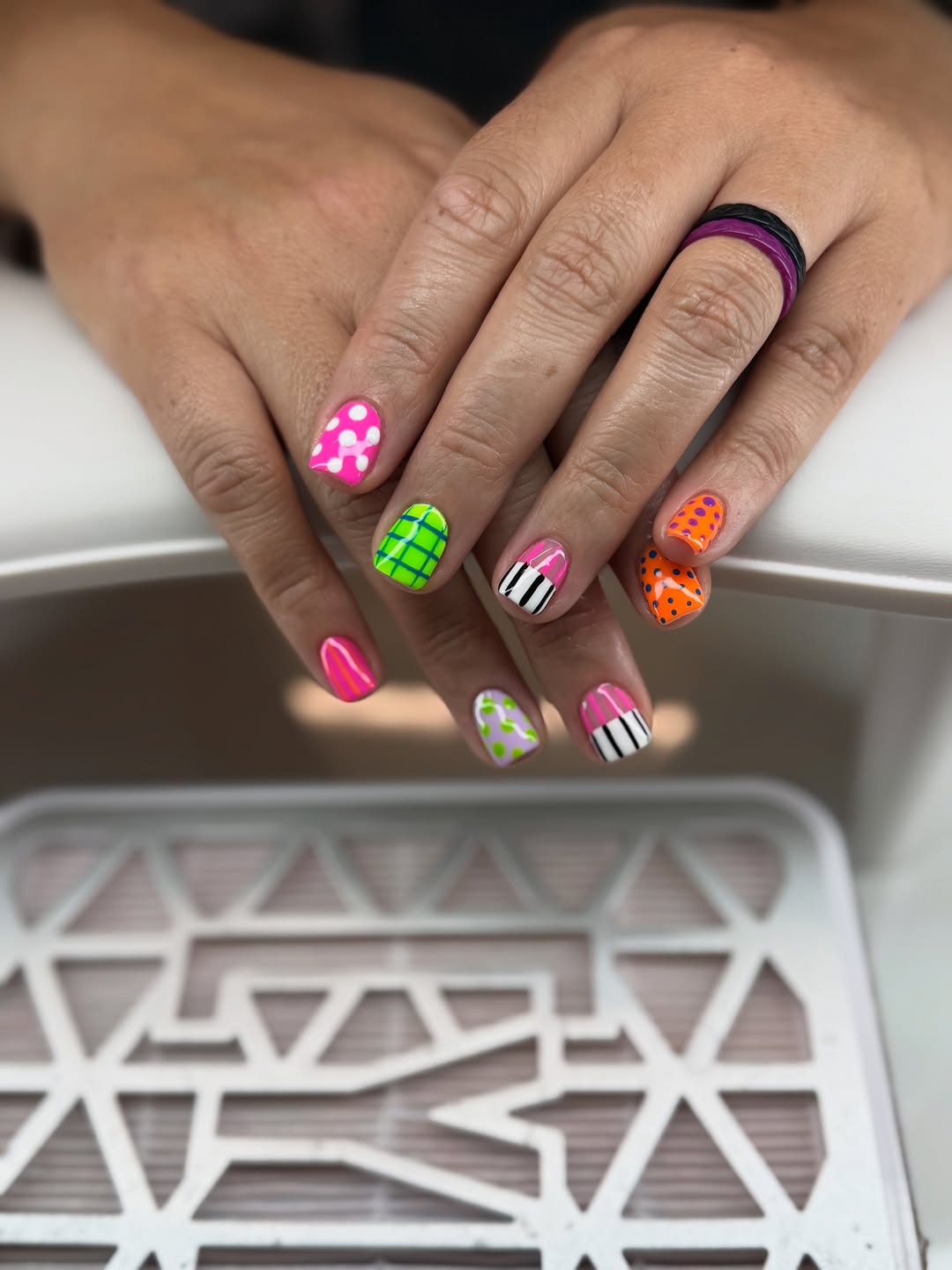 Funky Bright Mismatched Short Squoval Nails