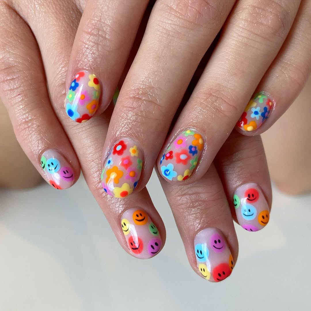 Funky Floral Smiley Face Colorful Short Oval Nails