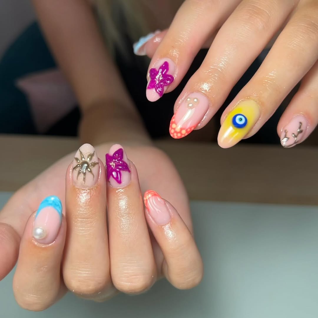 Funky Mismatched Almond Nails With 3D Art