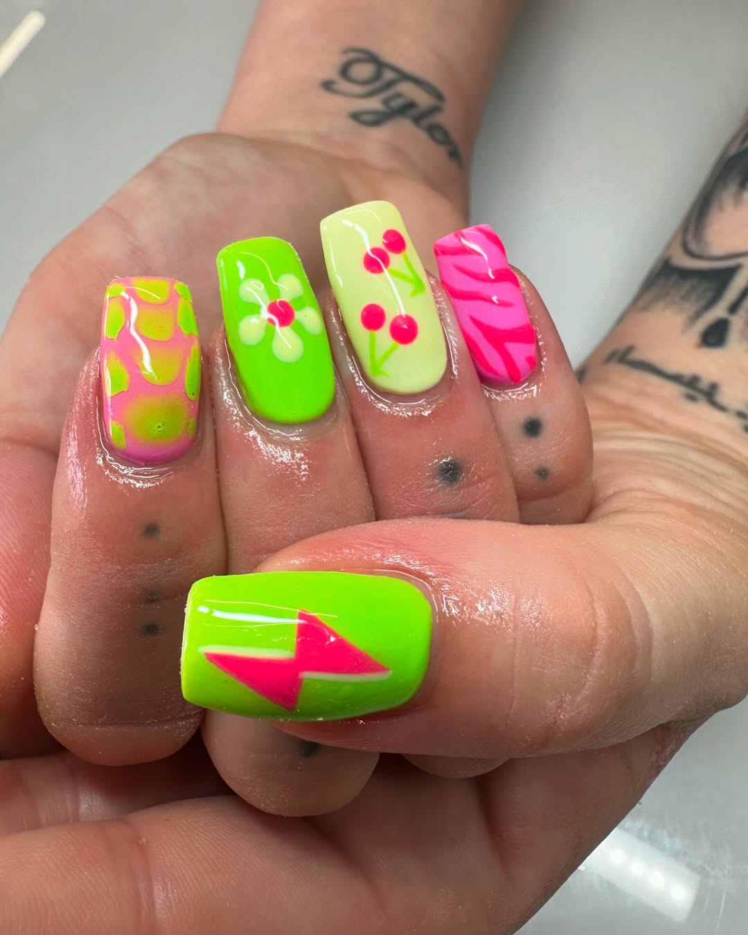 Funky Neon Pink and Green Summer Pop Nails
