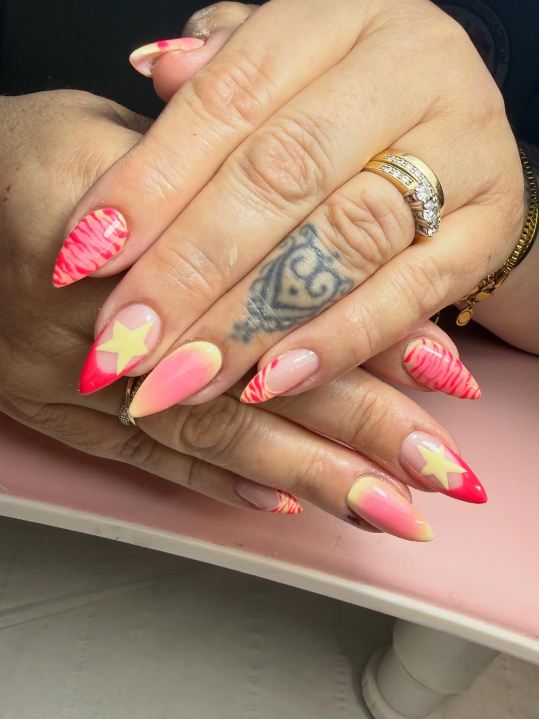 Funky Pink Yellow Star Ombre Stiletto Nails
