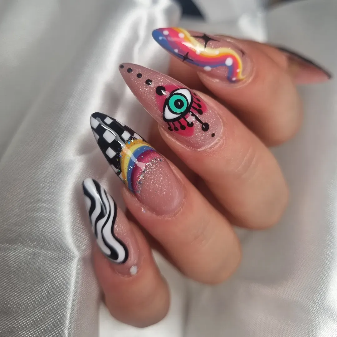 Funky Rainbow Checkerboard Evil Eye Stiletto Nails