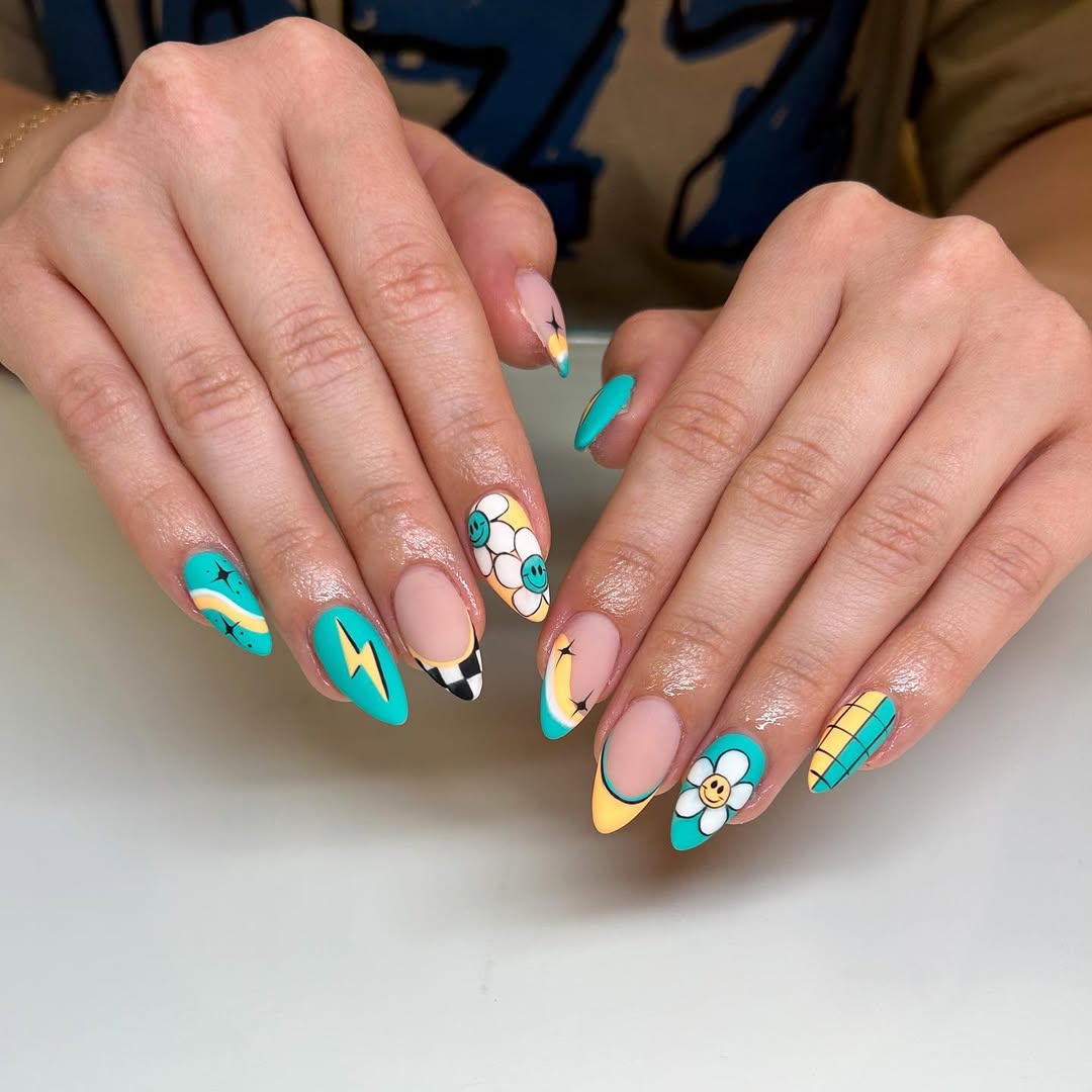 Funky Teal Yellow Smiley Flower French Almond Nails
