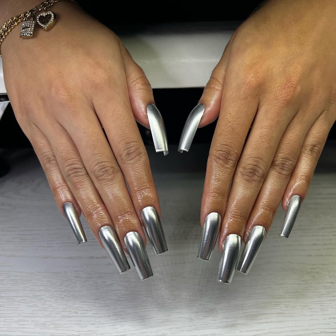Futuristic Silver Chrome Extra Long Coffin Nails