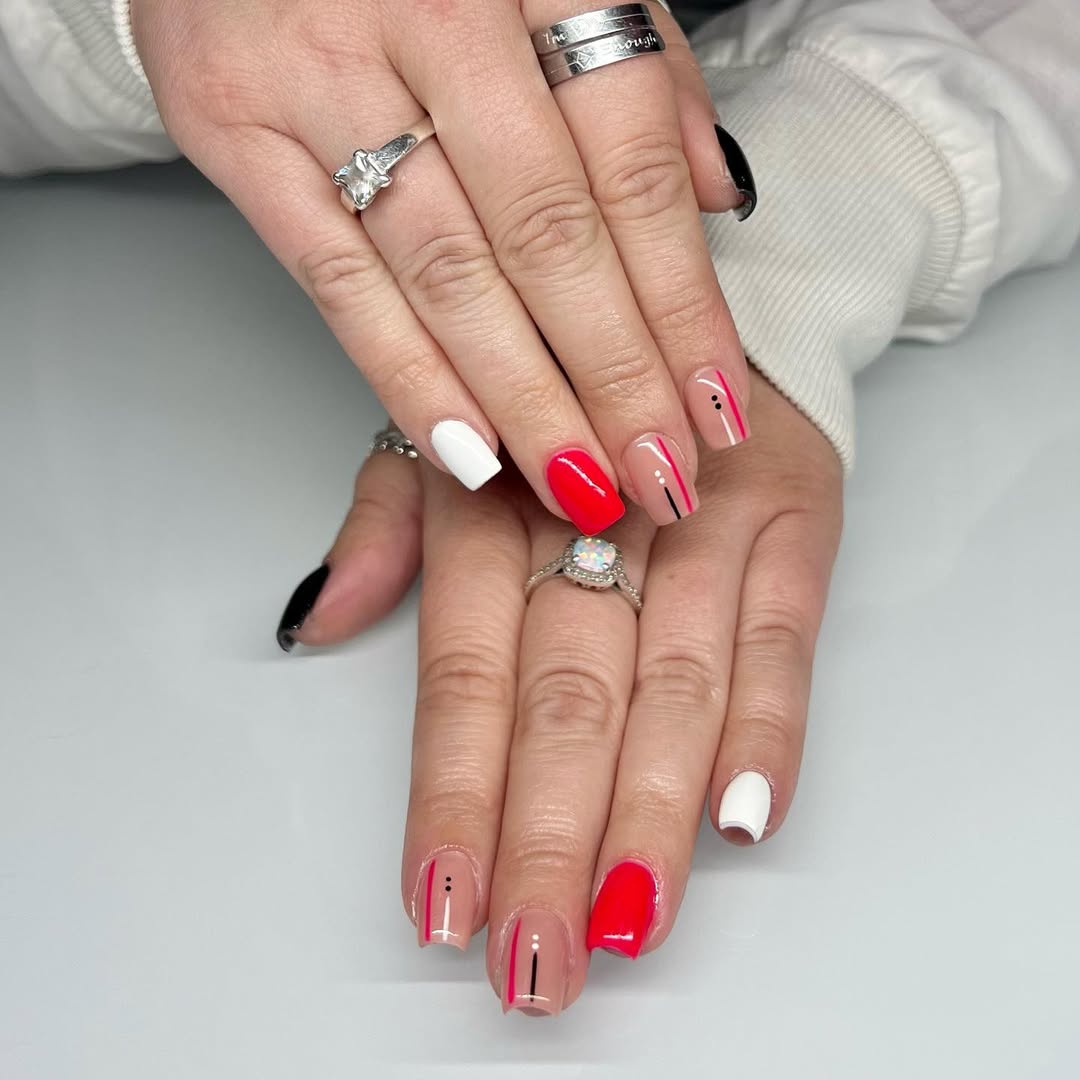 Geometric Red White Black Striped Square Nails