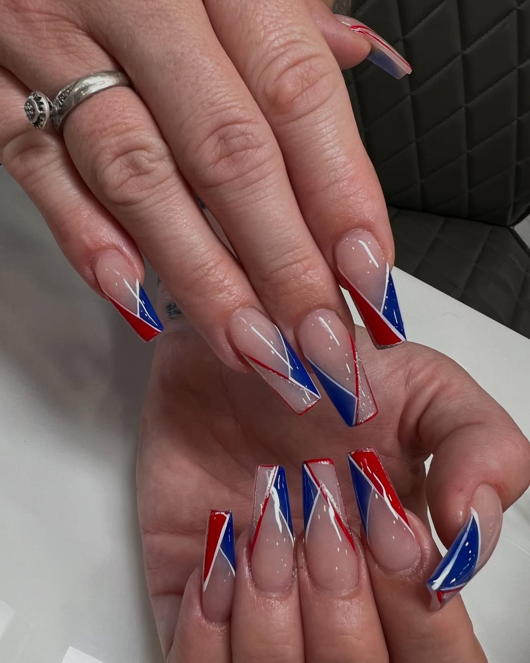 Geometric Red White Blue Coffin French Tips