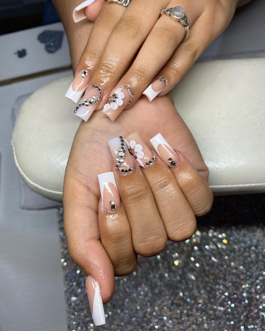 Glam French Tip Rhinestone Flowers Long Square Nails