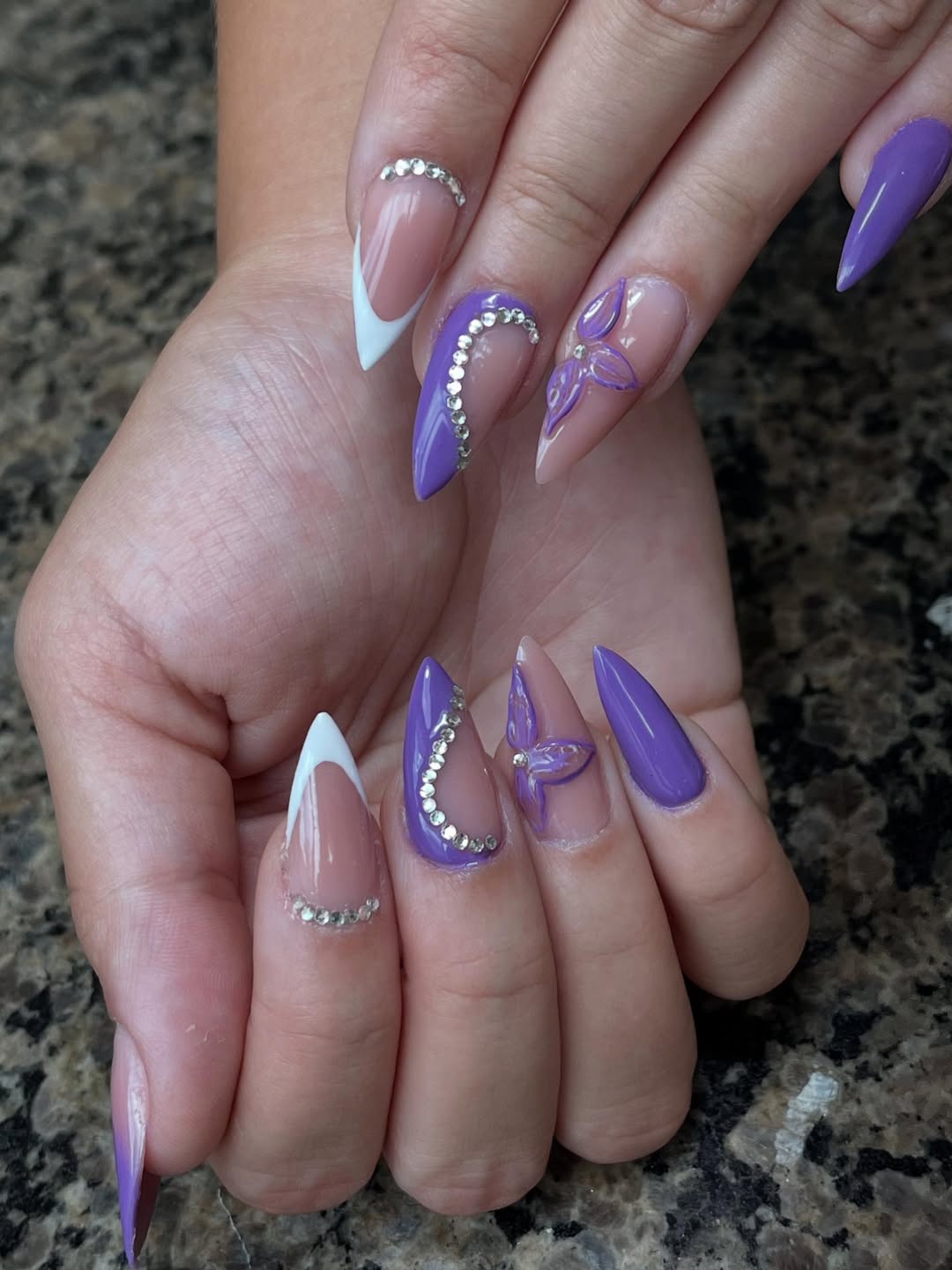 Glam Purple Stiletto French Tips with Rhinestones and 3D Flowers