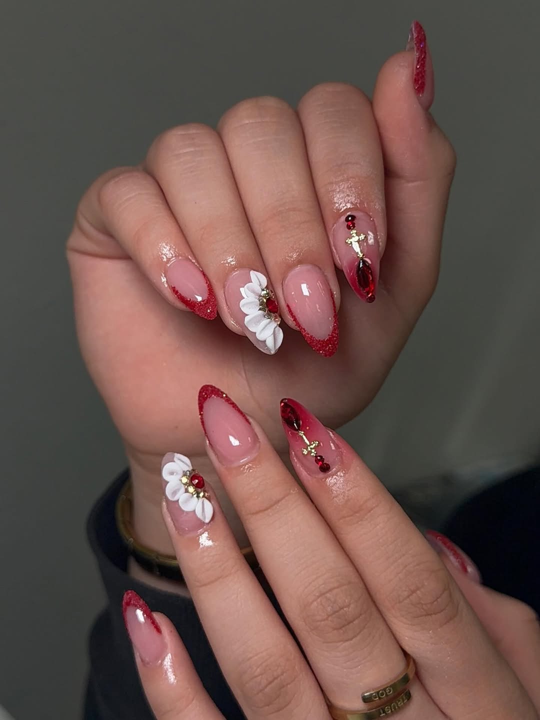 Glam Red Glitter French and Floral Charm Almonds