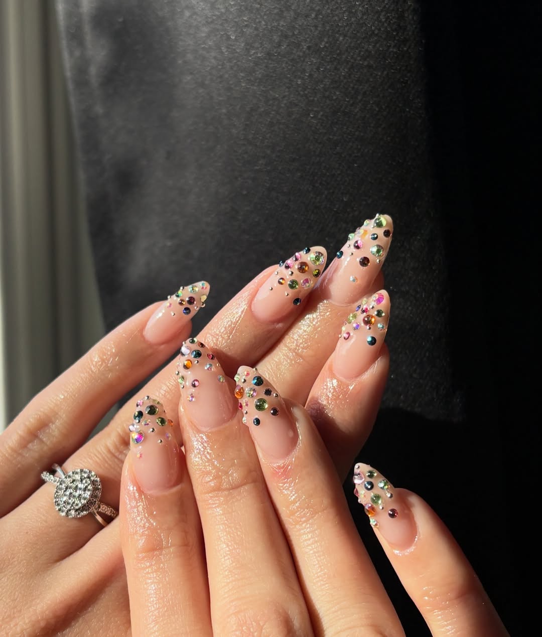 Glamorous Nude Almonde Rhinestone Embellished Nails