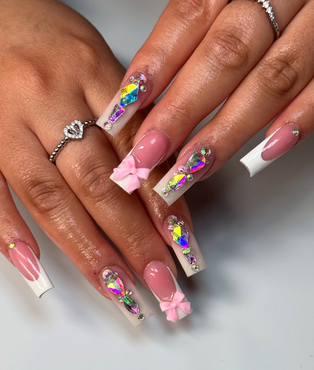 Glamorous Pink French Ombre Rhinestone Coffin Nails