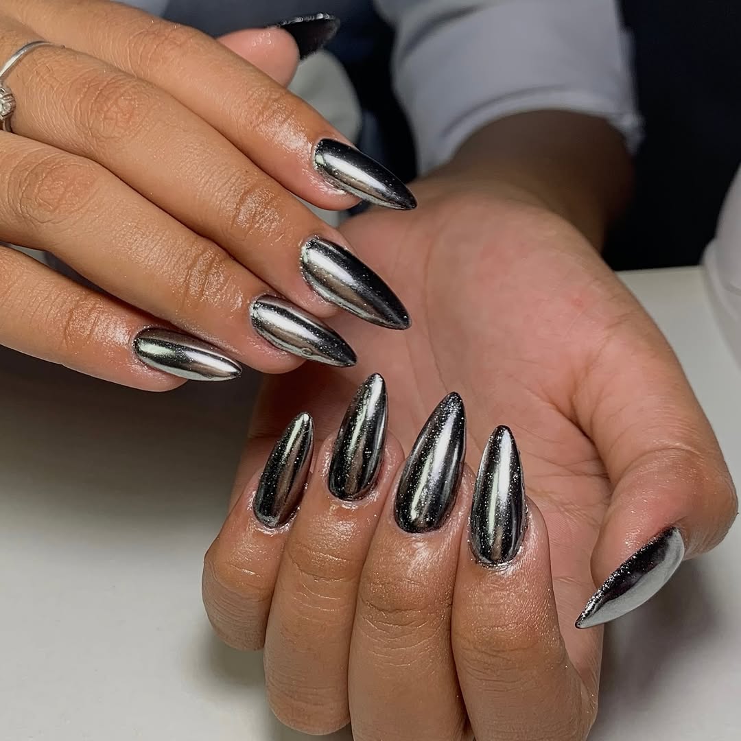 Glamorous Silver Chrome Long Stiletto Nails
