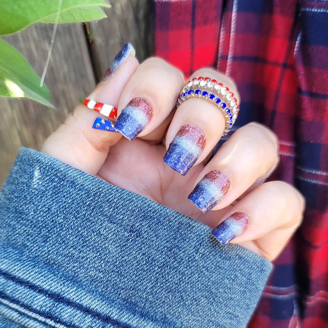 Glittery Red White Blue Patriotic Ombre Square Nails