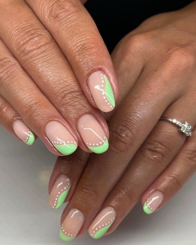 Glossy Almond Mint Green Swirl Dotted Summer Nails