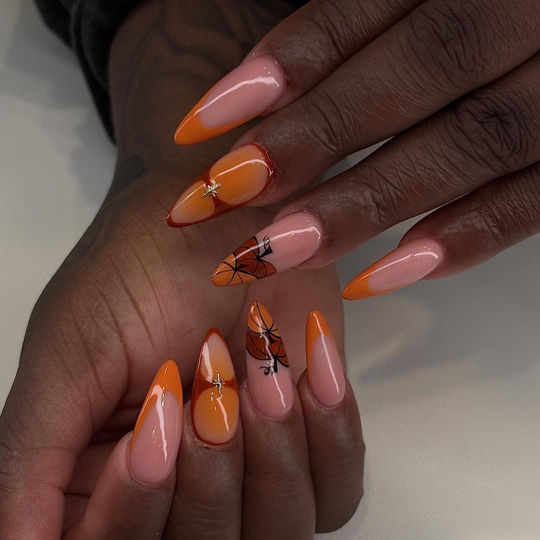 Glossy Almond Pumpkin Spice Ombré French Tips with Charms