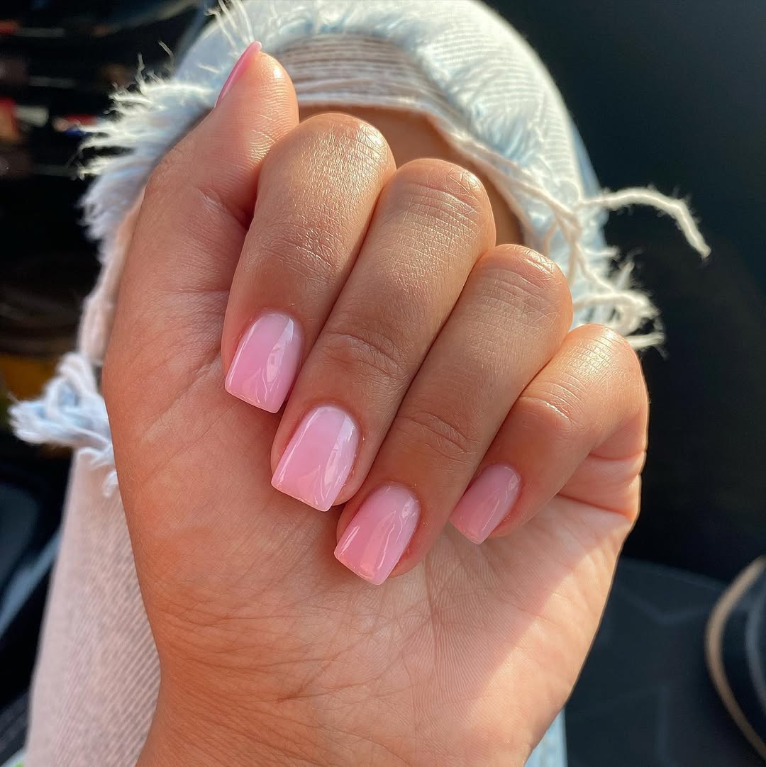 Glossy Baby Pink Short Squoval Gel Nails