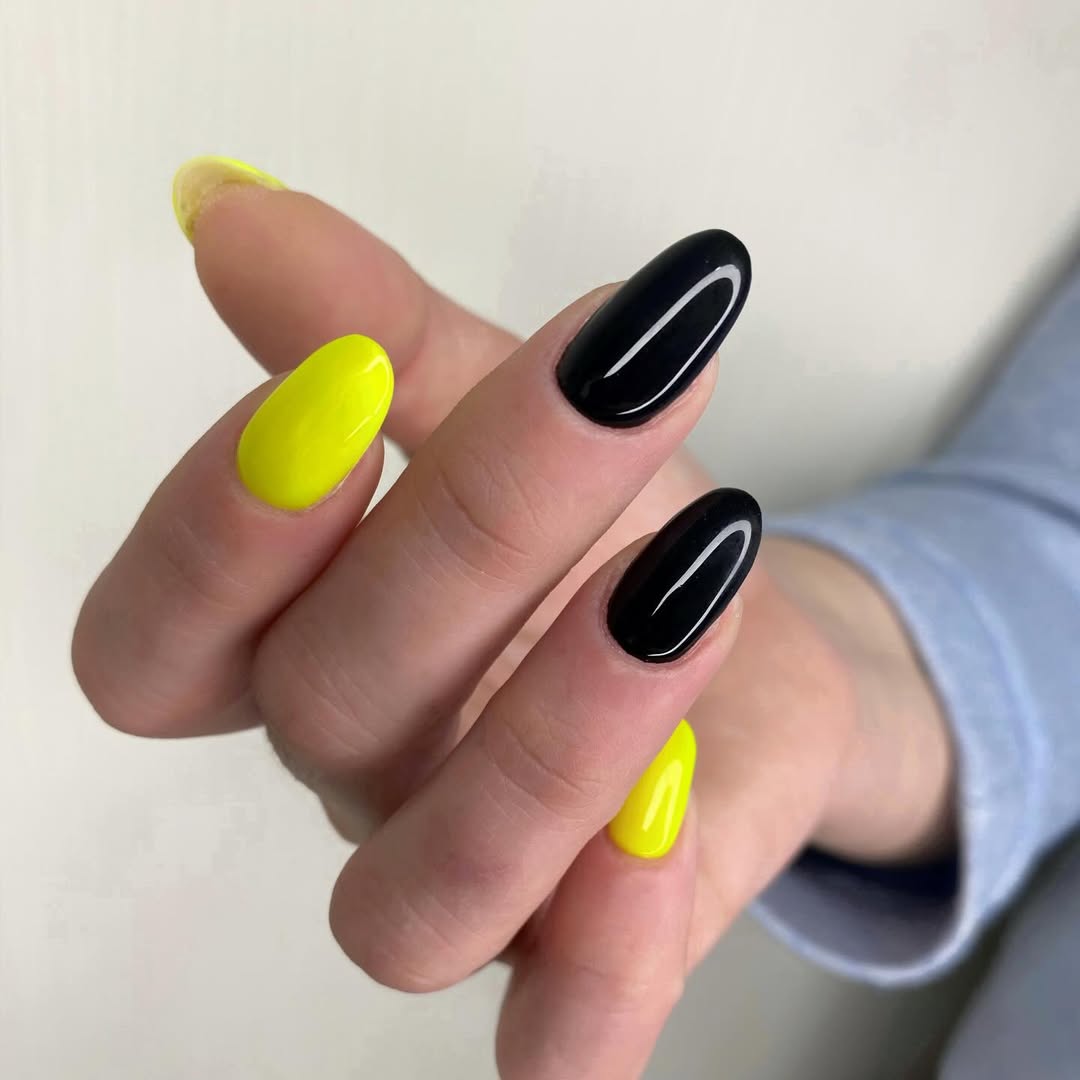 Glossy Black and Neon Yellow Oval Nails