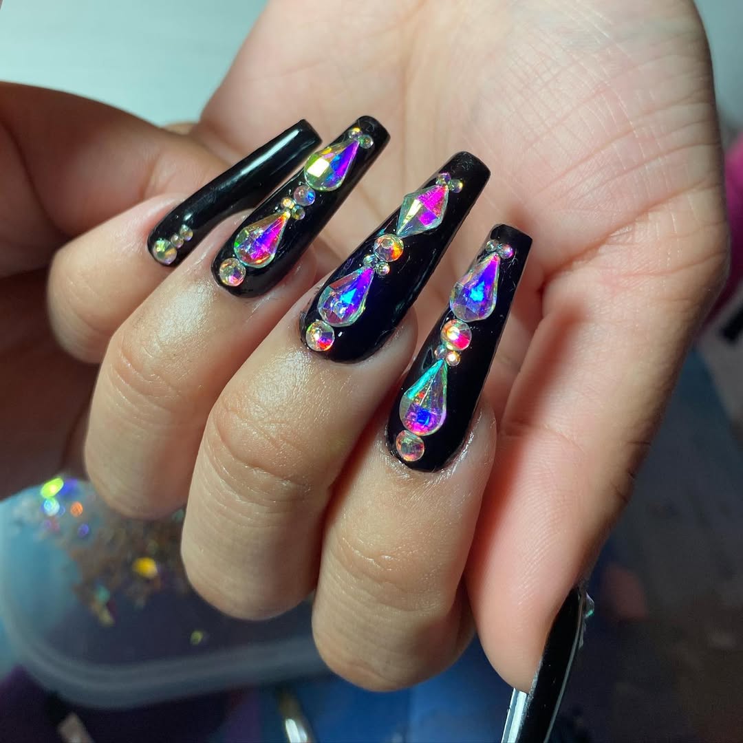 Glossy Black Extra Long Coffin Rhinestone Drops