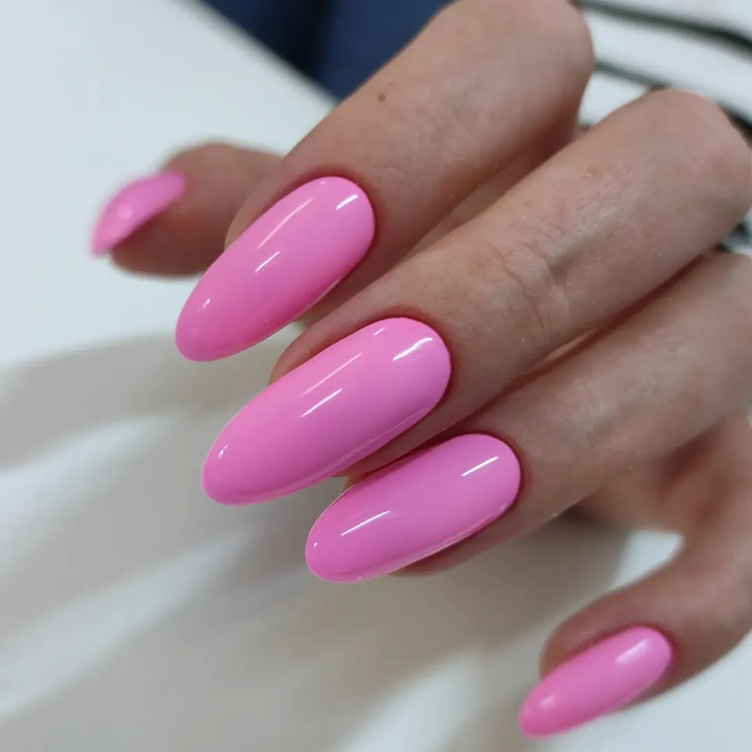 Glossy Bubblegum Pink Long Oval Nails