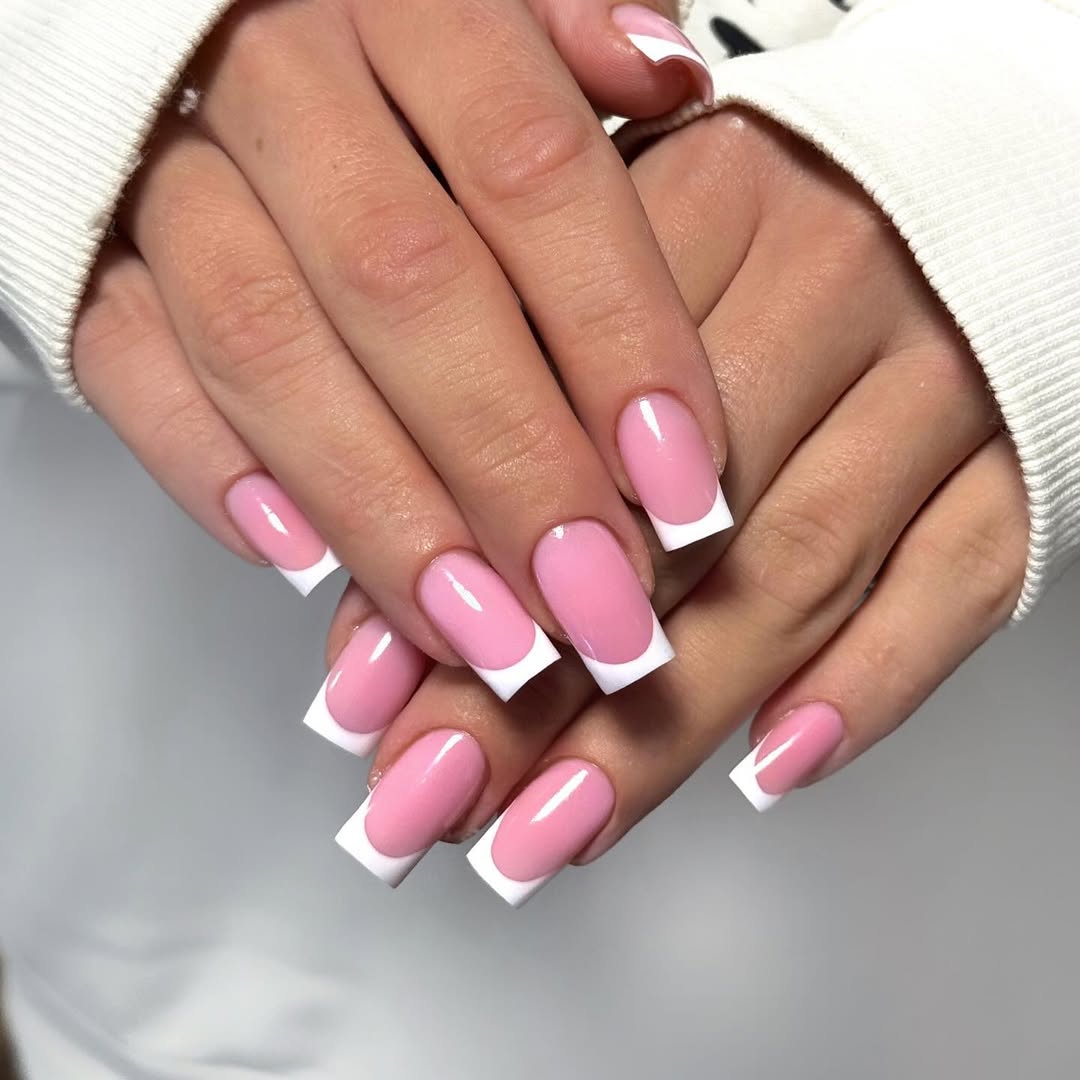 Glossy Bubblegum Pink Square French Tip Nails