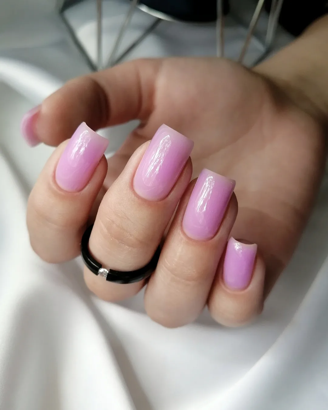 Glossy Bubblegum Pink Square Gel Nails