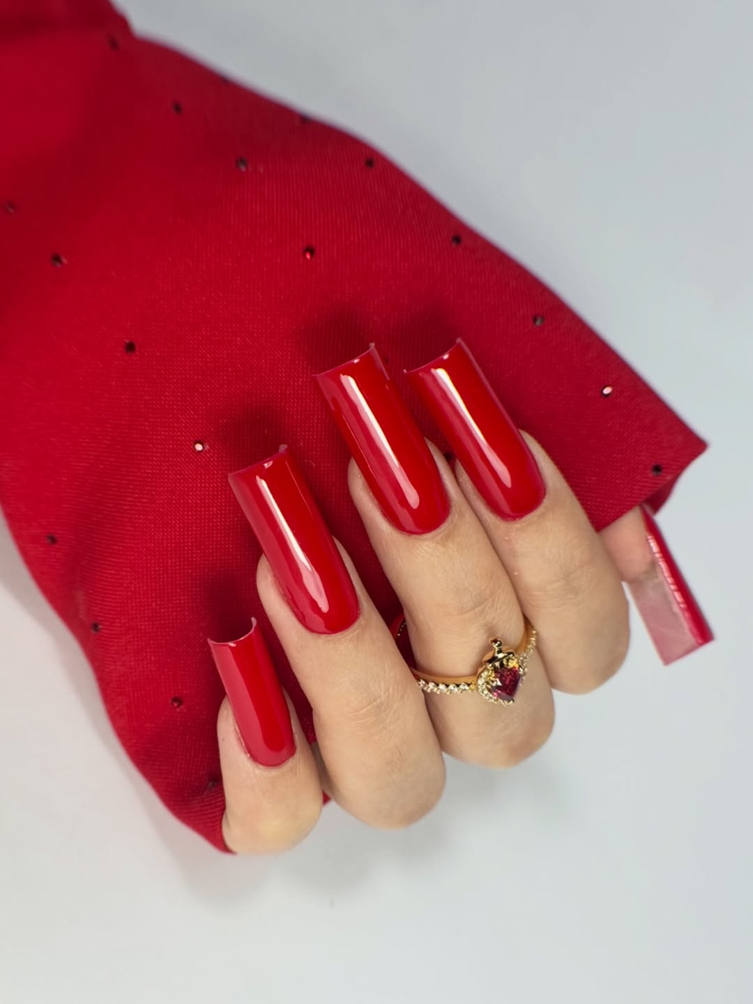 Glossy Chili Red Extra Long Square Nails