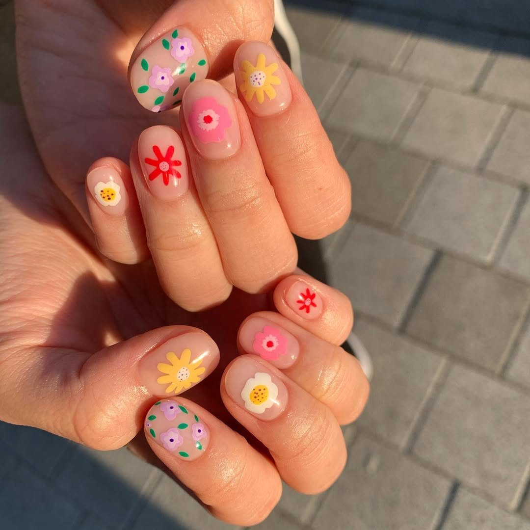 Glossy Clear With Hand-Painted Multi-Color Flower Art