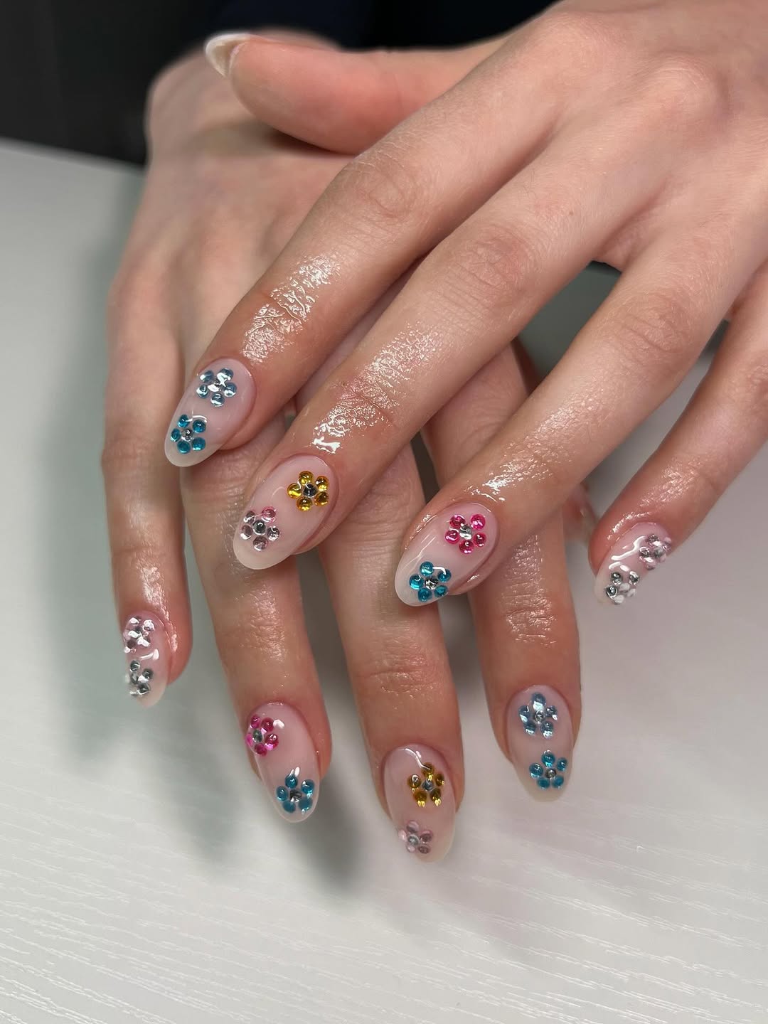 Glossy Clear With Multicolored Rhinestone Flower Nails