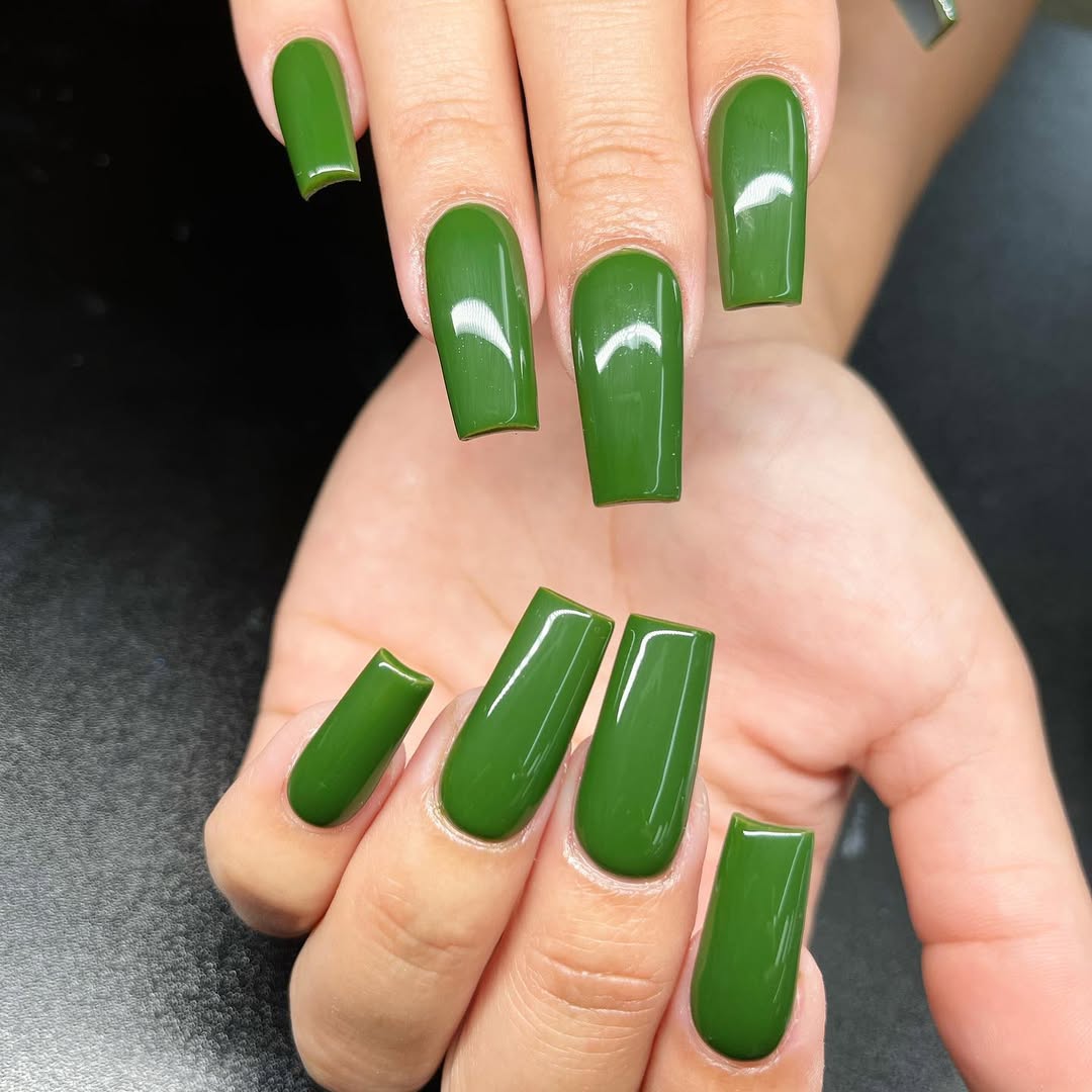 Glossy Dark Olive Green Coffin Nails