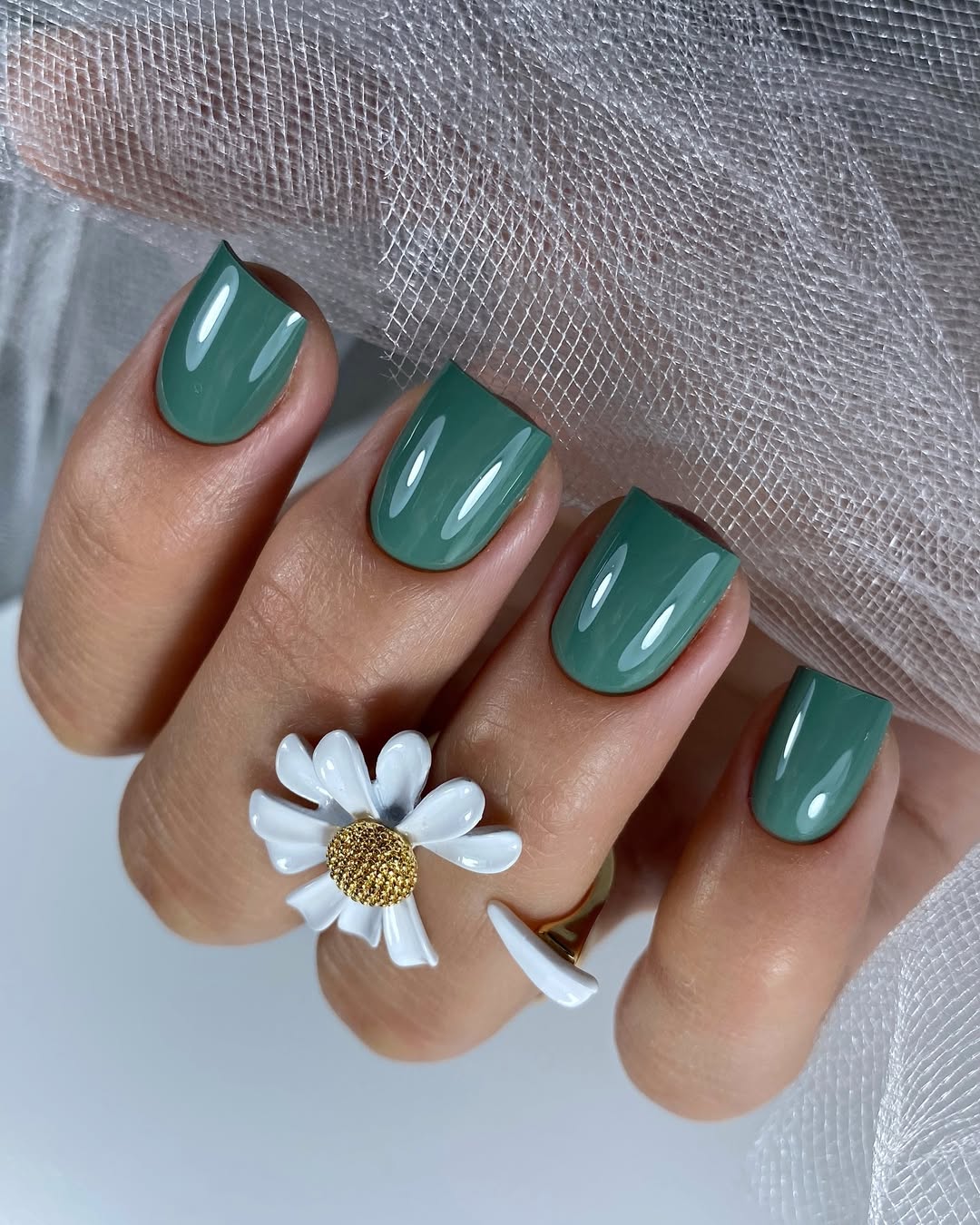 Glossy Deep Sage Green Oval Nails