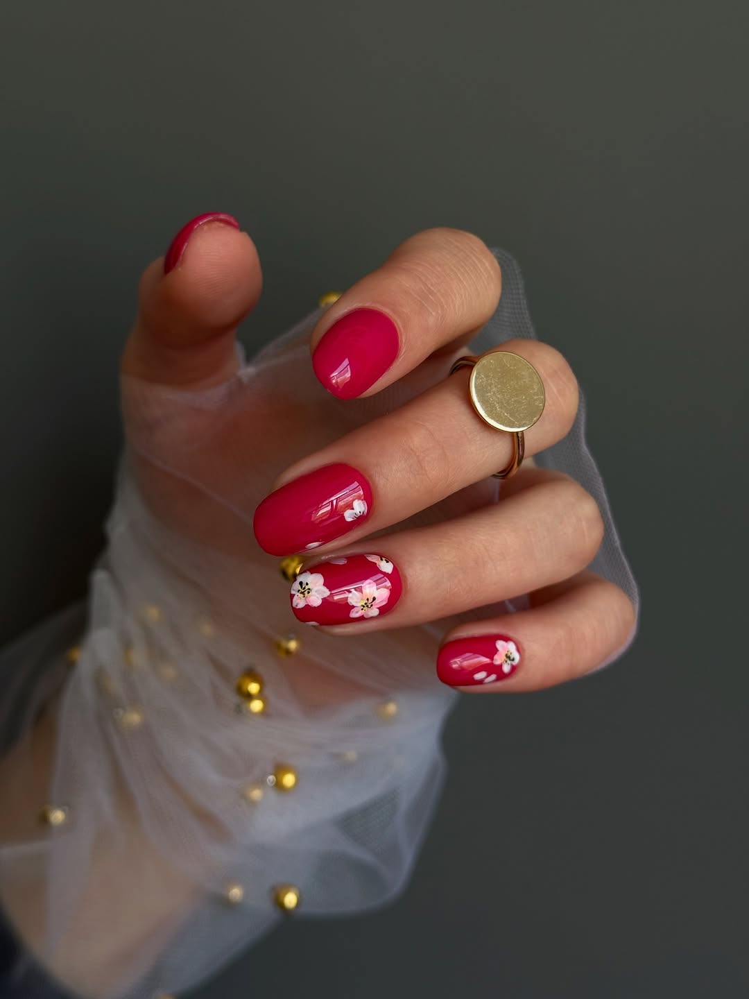 Glossy Fire Engine Red Floral Blossom Nails