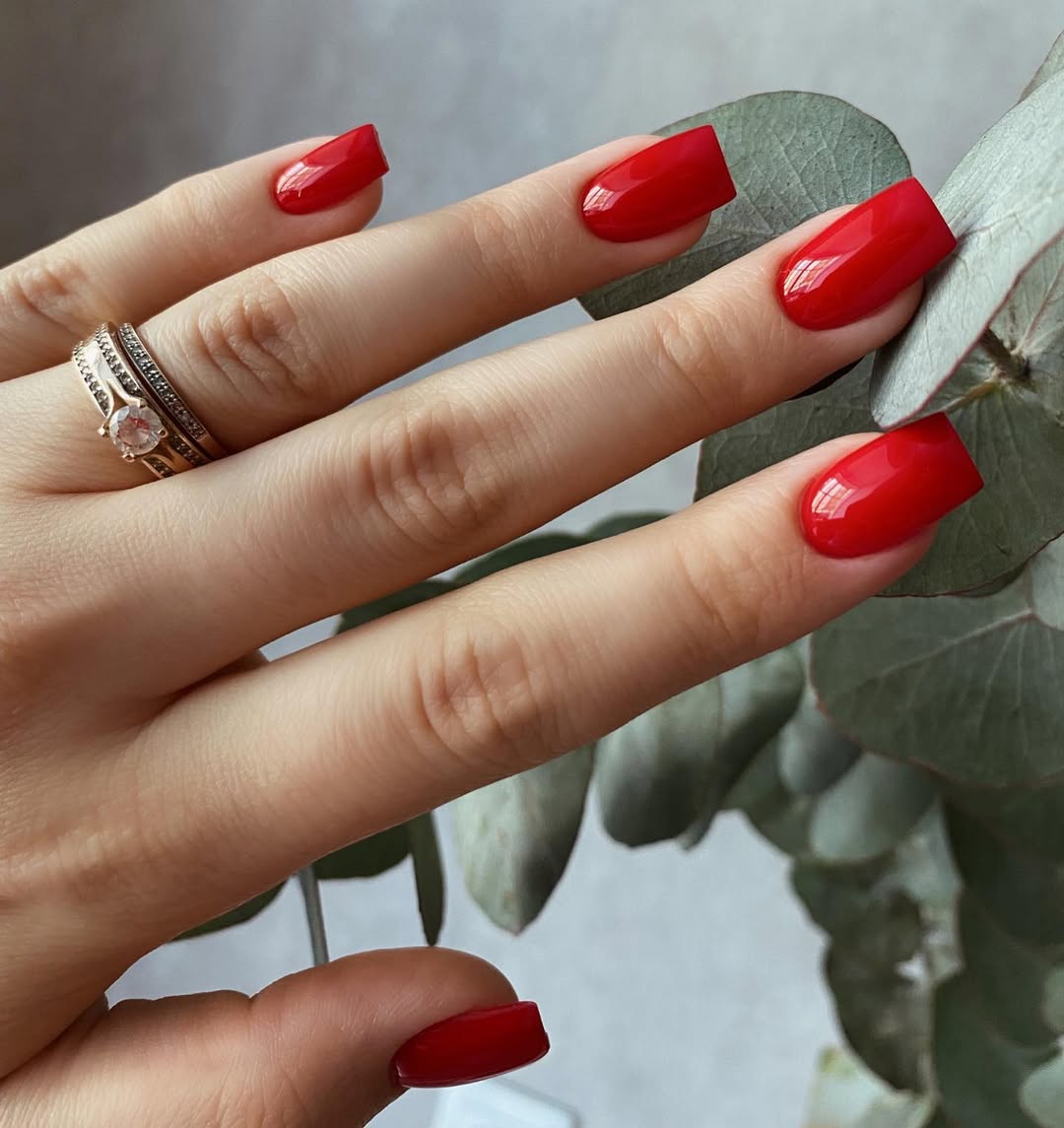 Glossy Fire Engine Red Squoval Nails