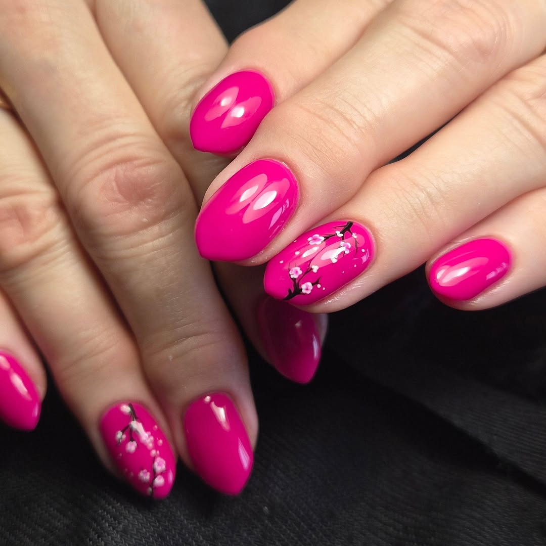 Glossy Fuchsia Almond Nails with Cherry Blossom Art