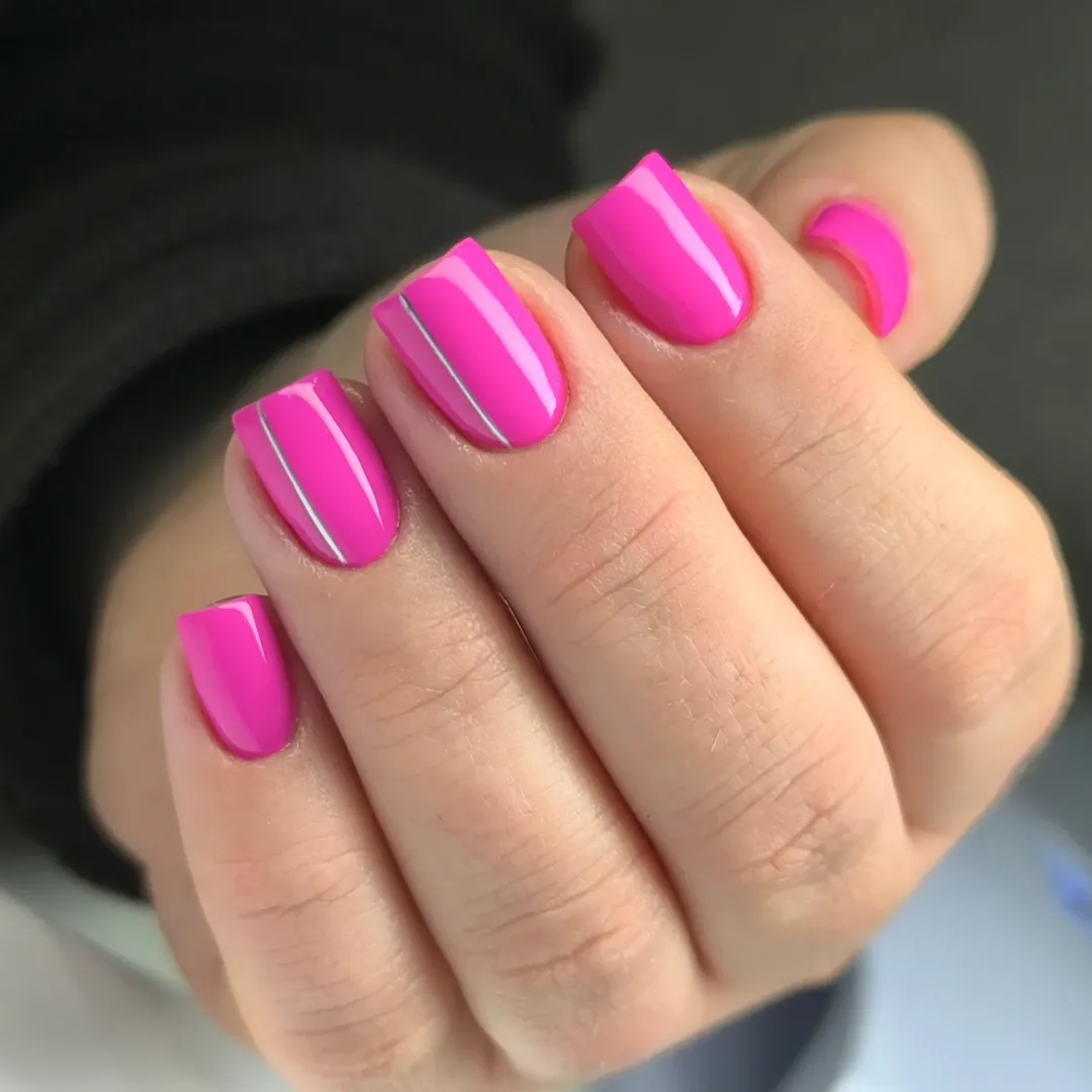 Glossy Hot Pink Short Squoval with Silver Lines