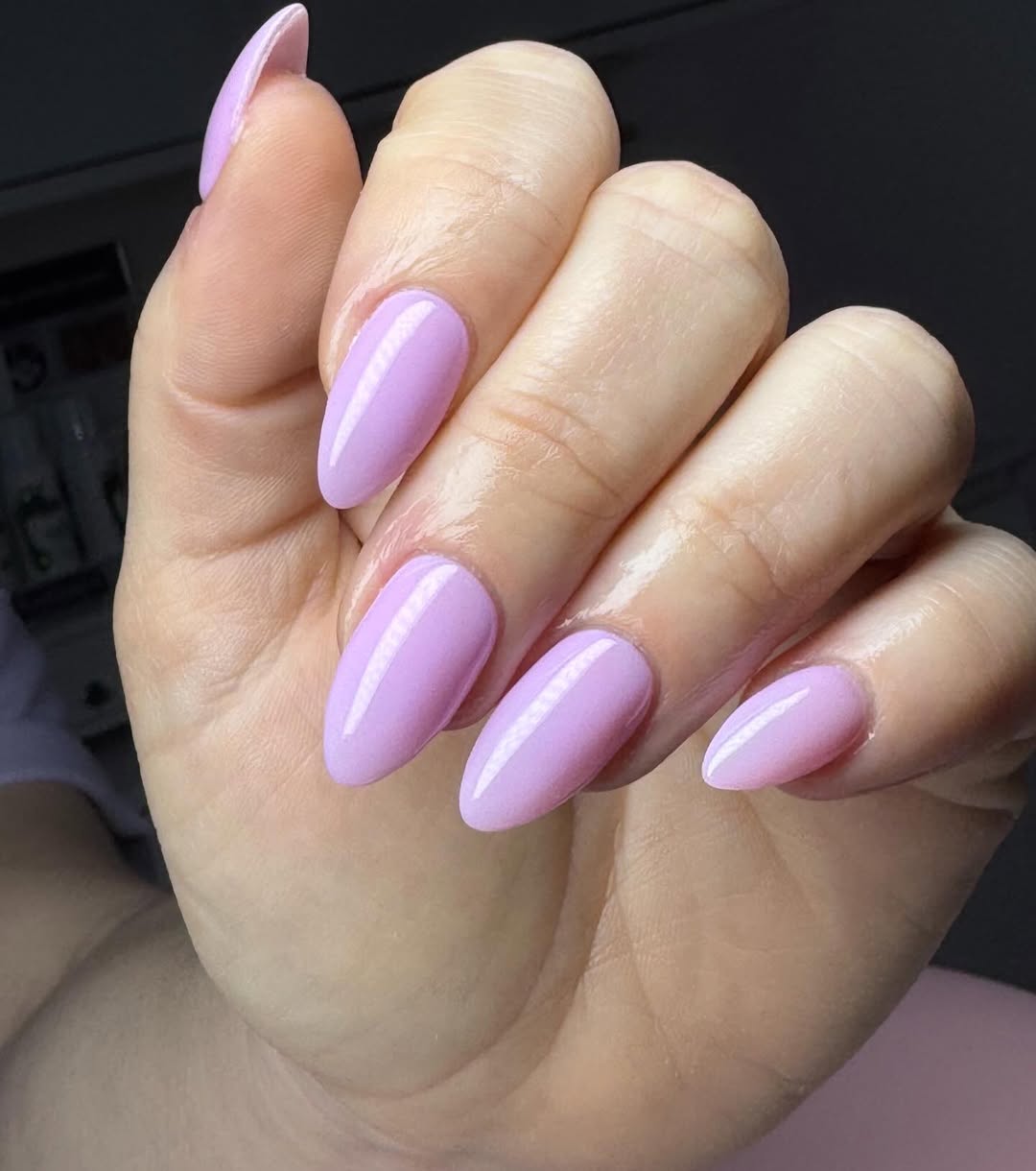 Glossy Lavender Almond Medium Length Nails