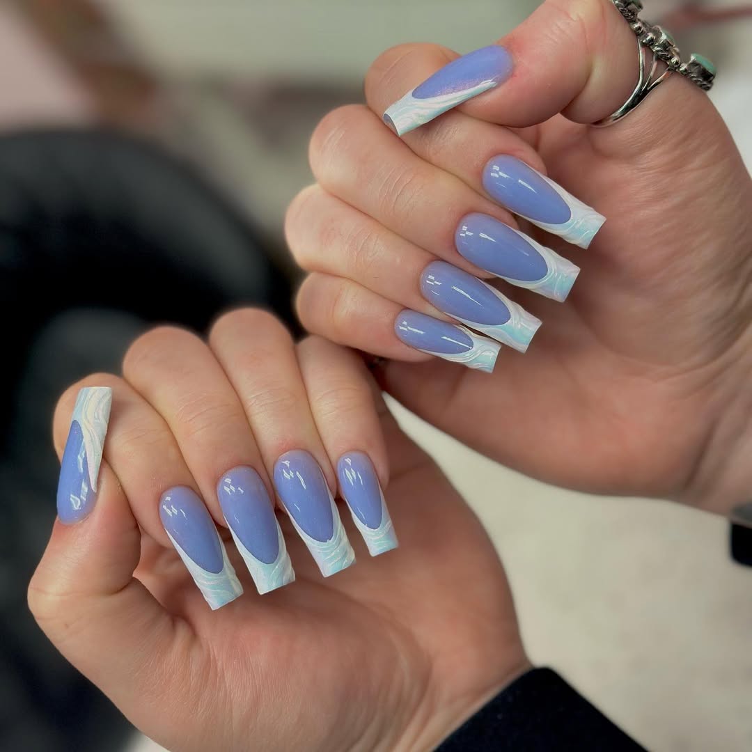 Glossy Lavender French Tips with White Swirls